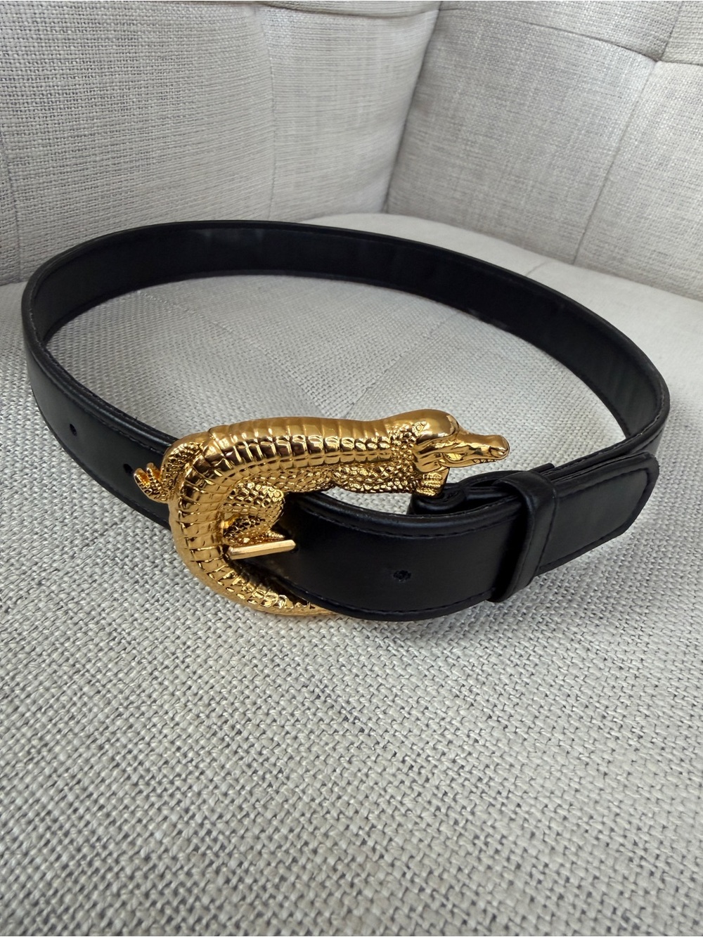 BELT Black Faux Leather Large Gold Tone Metal Crocodile Buckle Statement Glamour - Picture 4 of 17